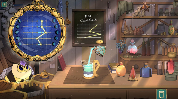 A cozy alchemy workshop scene from the video game Tavern Talk Stories: Dreamwalker. A whimsical potion-making setup is centered on a steaming cup labeled “Hot Chocolate,” with a mechanical arm pouring liquid from a glass ladle. To the left, a circular astrological chart displays a star constellation puzzle. A fluffy moth-like creature with a flower crown perches near a honey pot, adding charm to the wooden counter cluttered with magical items, potions, and flasks. Shelves in the background are lined with colorful bottles, books, and mystical decorations. Warm lighting and a storybook art style create a magical, comforting atmosphere. Published on: LadiesGamers.