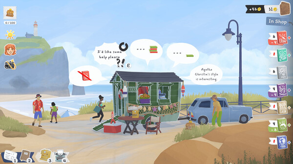A serene beachside scene from Tiny Bookshop, featuring a small, green, mobile bookstore parked on the sand near the water. The shop is decorated with bunting and open for business, with books displayed on the exterior shelves. Several characters interact around the shop—one is browsing, another is seeking help, and a third comments on Agatha Christie's writing style. A lighthouse stands in the distance atop a cliff. The interface shows icons for character interactions, currency, and book types along the right side. Published on: LadiesGamers.