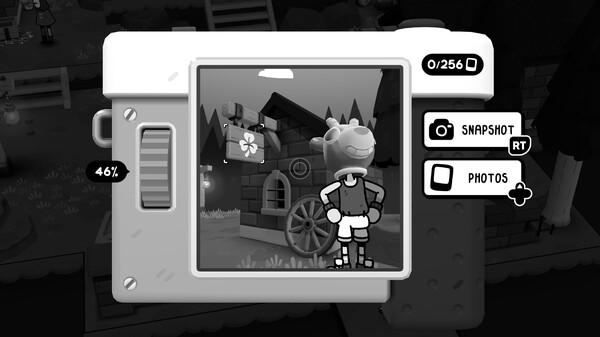 A grayscale interface mimicking a camera viewfinder frames a cheerful anthropomorphic cow character standing in front of a whimsical, cartoony wagon house. The snapshot menu is active, showing the options to take a photo or view the gallery, with the image count and battery level displayed. The scene has a playful, paper-cutout aesthetic. Published on: LadiesGamers.