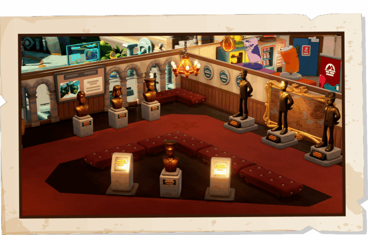 A well-lit museum room in Two Point Museum featuring red carpeting and plush red benches arranged in a triangular layout. The room is lined with detailed busts and full-body statues of historical or notable characters, each mounted on stone pedestals with plaques. Spotlights highlight the central displays. The walls are adorned with educational posters, an antique world map, and vibrant exhibits, including oversized novelty items like boxing gloves and a pink drink bottle. Arched windows and modern tech screens hint at a blend of classic and futuristic themes. Published on: LadiesGamers.
