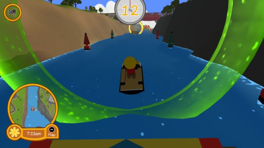 My Wobbly character on a jet ski, just passing a green hoop and heading towards a yellow one in the distance. Published on LadiesGamers