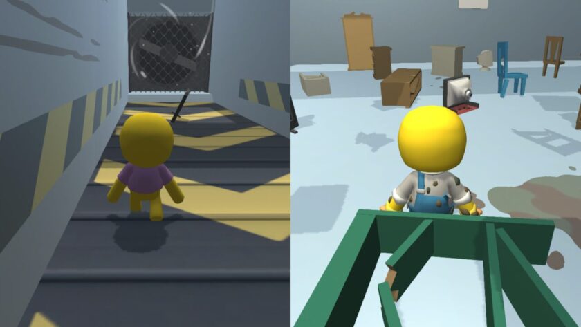 Split vertical screen with one character on a conveyor belt, the other pushing garbage. Published on LadiesGamers