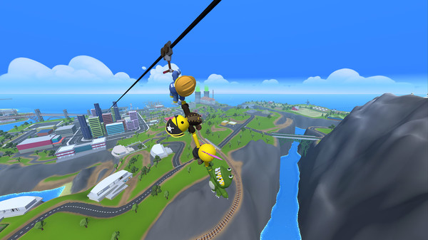 Two colorful, ragdoll-style characters in yellow and green outfits ride a zipline high above a sprawling open-world map in Wobbly Life. The landscape below features a vibrant city, winding roads, a railway track, rivers, and lush hills, with a dramatic drop into a canyon on the right. The scene captures the game's playful and chaotic spirit. Published on: LadiesGamers.