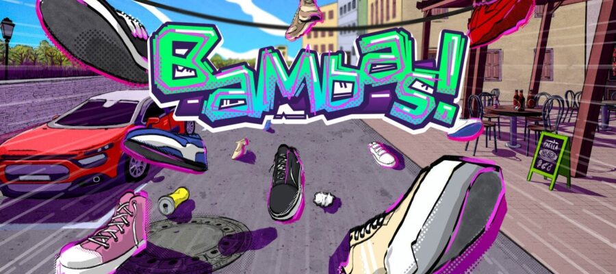 Promotional artwork for Bambas! showing lots of shoes. Published on LadiesGamers