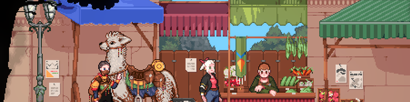 A vibrant pixel art market scene from Magical Delicacy shows a bustling street with colorful awnings in blue, red, green, and teal. On the left, a traveler stands beside a saddled llama-like creature with patterned fur. In the center, a vendor stall displays hanging vegetables and fresh produce. Several characters, including one with bunny ears and another behind the stall, interact in the cozy setting. Posters and flyers decorate the walls, adding to the festive, lived-in atmosphere. Published on: LadiesGamers.