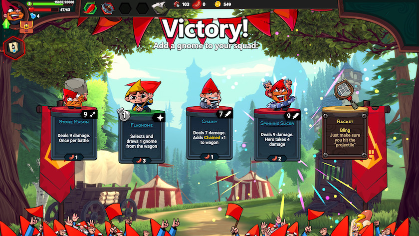 Victory screen in Union of Gnomes, featuring a selection of gnomes to pick