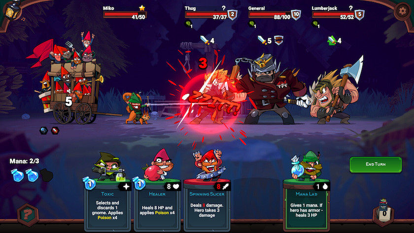 Battle in Union of Gnomes featuring flashy effects with descriptive cards along the bottom, like Slay the Spire
