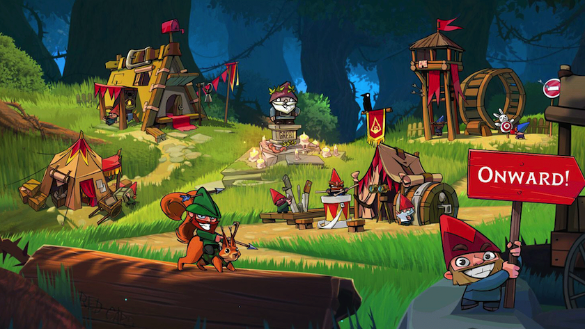 home camp screen in union of gnomes, featuring lush grass and options.