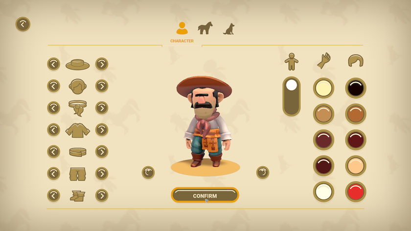 Gaucho and the Grassland avatar customization screen, featuring a stocky bearded fellow and a variety of options