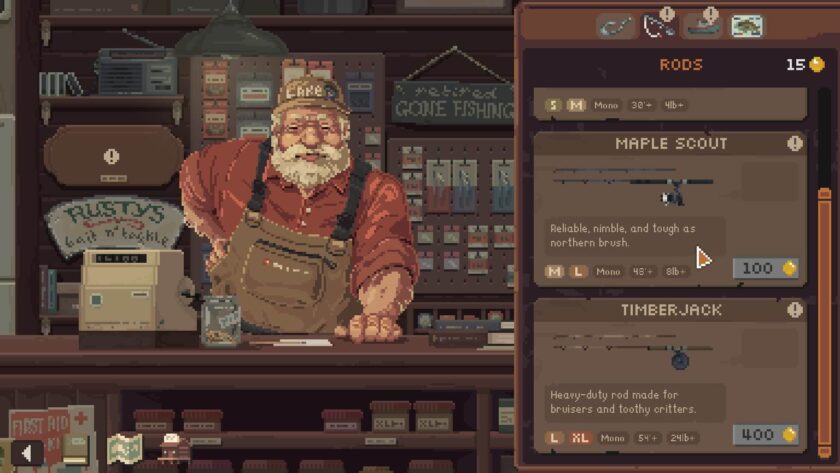 a pixelized shop with a shopkeeper with a white beard, tan apron and a red shirt. Published on LadiesGamers