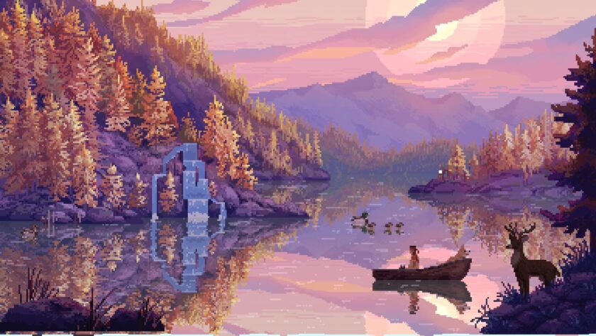 a morning pink sky with red woods and a serene pink river and a fisherman and a dog in a boat. Published on LadiesGamers