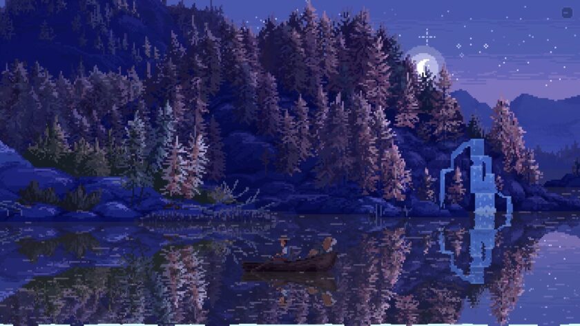 pixel night scene on a river, fishing in a boat. Published on LadiesGamers