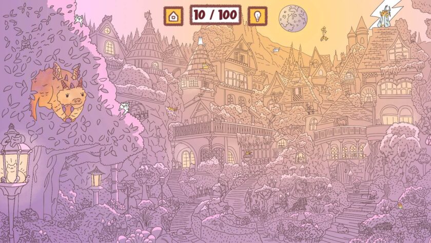 a pink ombre background of a fantasy village with hidden cats. Published on LadiesGamers