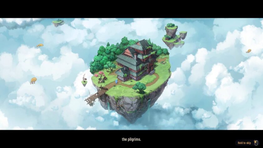 a floating island with the hotel among clouds