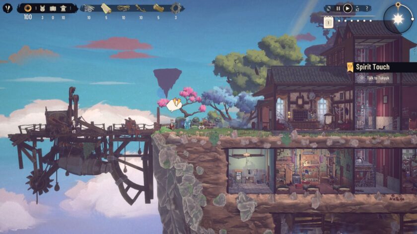 a side view of the hotel with the harbor and all the rooms at the beginning of the game