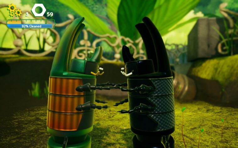 Two beetle-like mechanical creatures in Misc.A Tiny Tale face off in a lush green garden environment. They have spiked armor and serious expressions, indicating a confrontation. The game UI shows 92% cleaned and 59 bolts collected. Published on: LadiesGamers