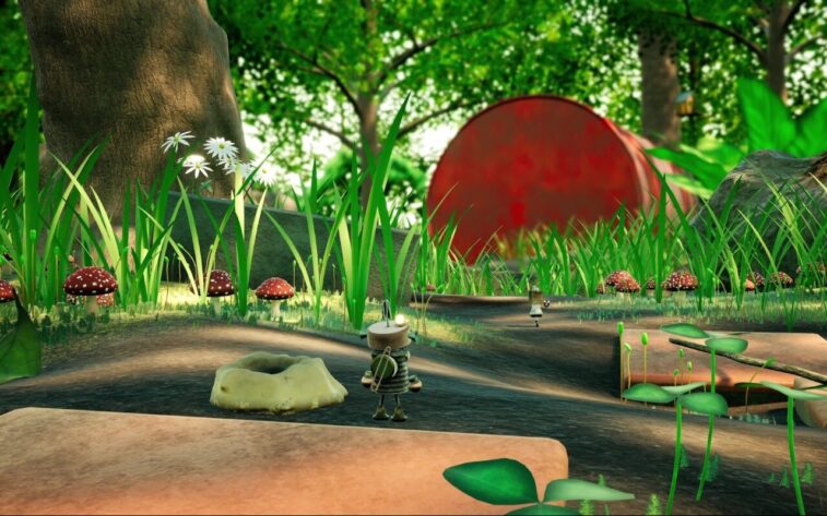 Buddy in Misc. A Tiny Tale explores a forest floor environment filled with mushrooms, daisies, and blades of grass. In the background is a large red tin can. Published on: LadiesGamers