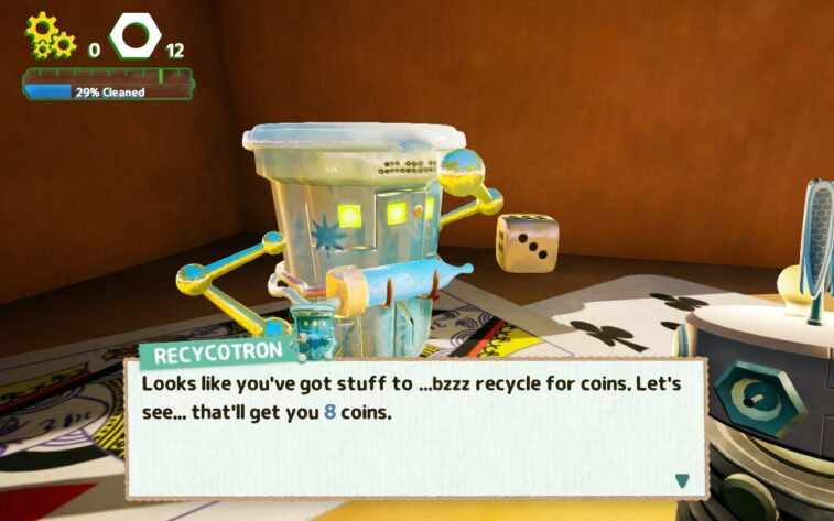 The Recycotron in Misc.A Tiny Tale is a shiny, mechanical recycling bin with robotic limbs. It evaluates items and informs the player they’ve earned 8 coins. The setting includes giant playing cards and dice. Published on: LadiesGamers