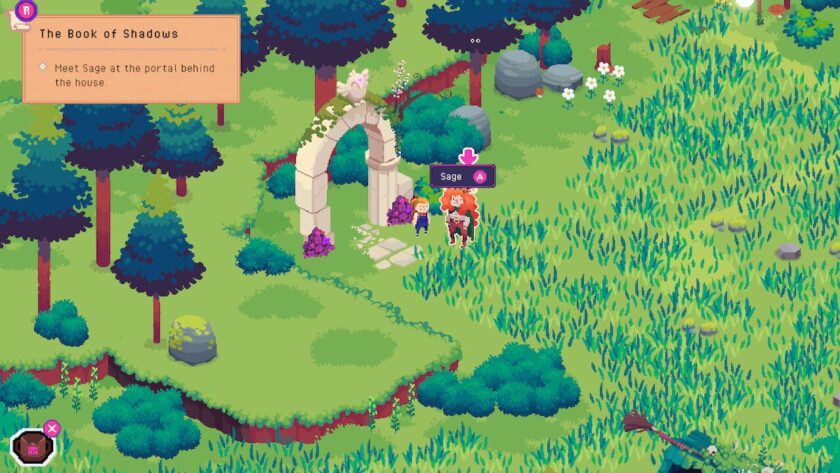 A grassy area with a stone arch portal. My character is standing next to Sage, who has an abundance of red hair. There is a note in the top left saying “Meet Sage at the portal behind the house”. Published on LadiesGamers