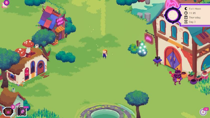 My character standing at the edge of the village, with various buildings and a pond in the middle. Published on LadiesGamers