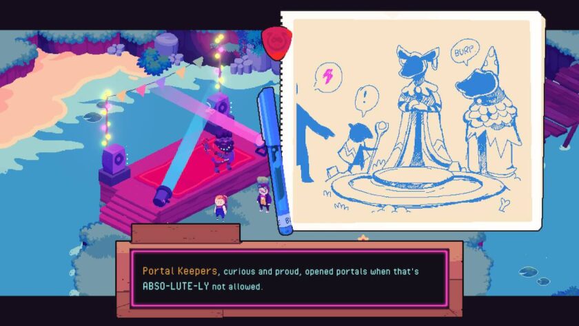 A sketch with three of the portal keepers, with Bowie on stage singing and playing in the background. The text says “Portal Keepers, curious and proud, opened portals when that's ABSO-LUTE-LY not allowed.” Published on LadiesGamers