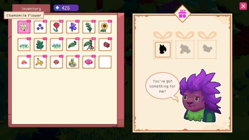 Gift giving window with your inventory on the left side, and the recipient on the right, showing the outline of the gift they want. Published on LadiesGamers