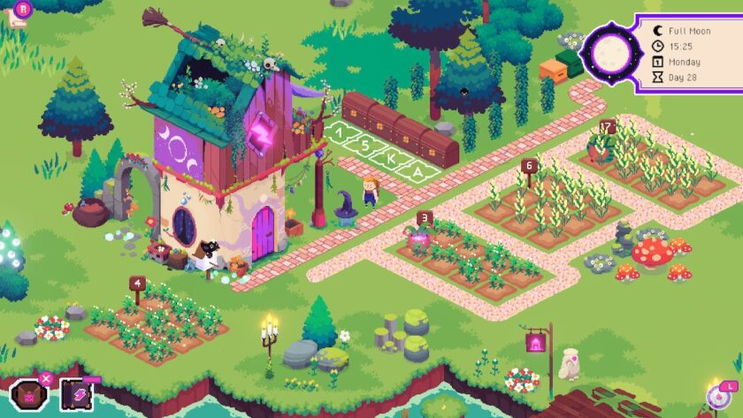 A crooked house with green tiled roof, there are various garden plots in front with pathways. Published on LadiesGamers