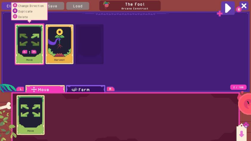 The enchantment window with a move and harvest card selected. Published on LadiesGamers