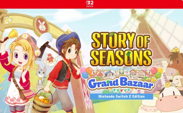 Promotional image for Story of Seasons Grand Bazaar, showing two characters holding farming equipment with a village scene in the background. Published on LadiesGamers