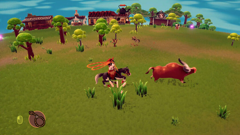 Gaucho attempting to herd a bull on a rich green grassland