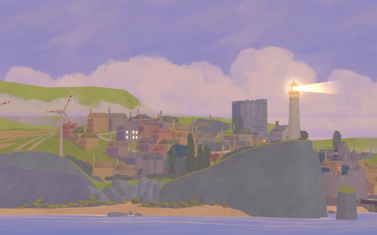 a view to Bookstonbury by the sea with the beach and a lighthouse. Published on LadiesGamers
