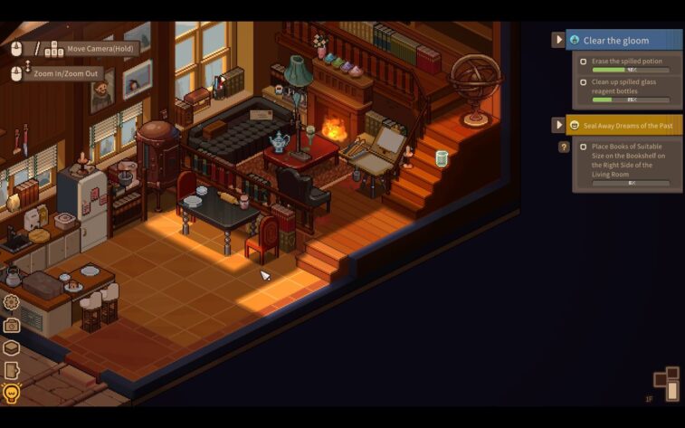 an interior of a cozy library with a fireplace. Published on LadiesGamers
