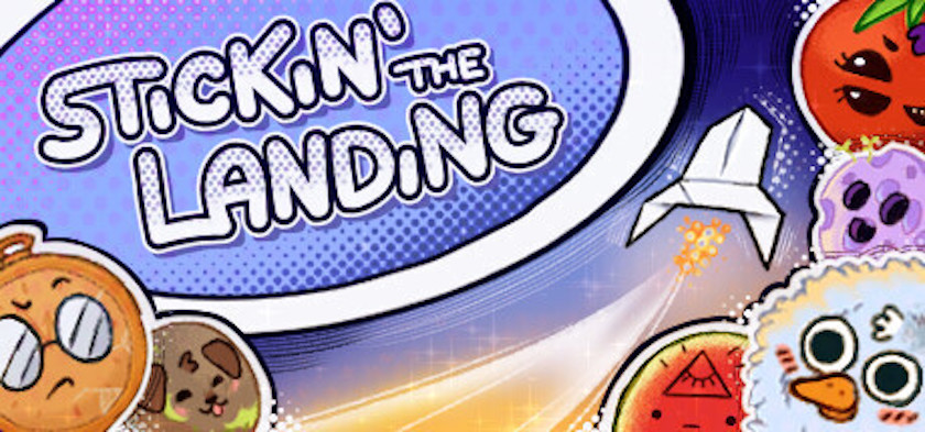 Art header featuring planetary stickers for Stickin' the Landing. Published on LadiesGamers.