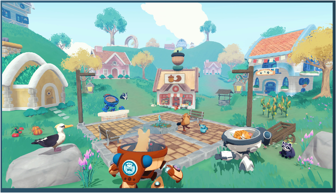 A whimsical village scene from Animalkind featuring charming houses nestled among lush greenery, flowers, and trees. In the central plaza, anthropomorphic animal characters—including a bear-headed robot, a raccoon on a bench, and a bird near a cooking pot—engage in leisurely activities. A seagull perches on a rock in the foreground. The plaza includes a bakery or café marked by a bread-shaped sign, with corn stalks, pumpkins, and communal cooking elements adding to the cosy, rural atmosphere. Published on: LadiesGamers.