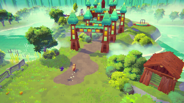 A whimsical island setting from the video game Capy Castaway, featuring a grand, vibrant building with turquoise roofs and wooden beams nestled among lush greenery. A stone path winds through the scene, leading to a gazebo and tranquil waters beyond, all shrouded in a soft mist that enhances the peaceful, exploratory atmosphere. Published on: LadiesGamers.