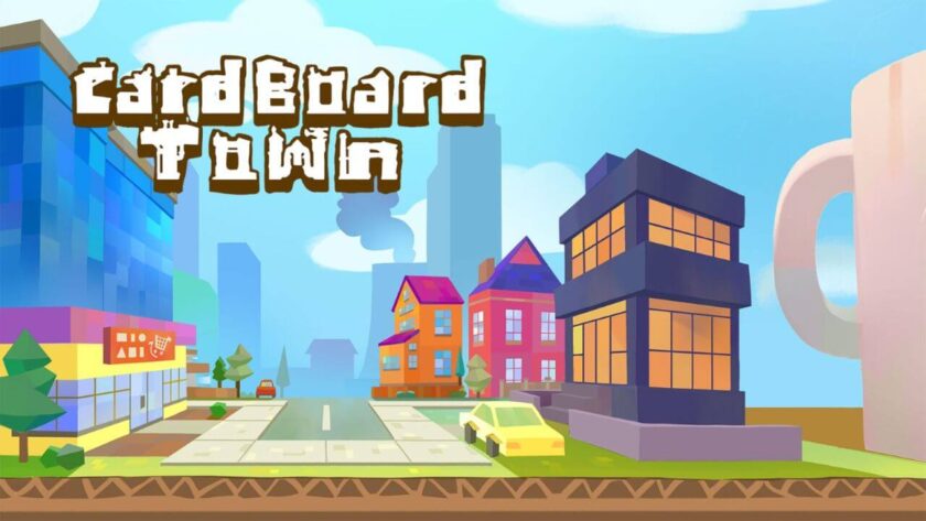 Promotional image for Cardboard Town showing a brightly coloured townscape. Published on LadiesGamers.