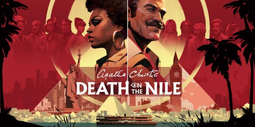 Promotional image for Agatha Christie - Death on the Nile showing the two detectives over a montage of cities landscapes. Published on LadiesGamers.