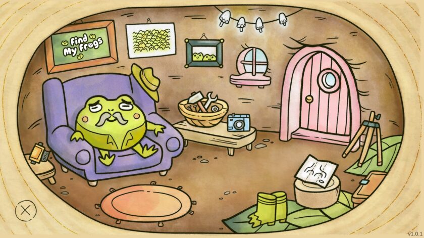 Find My Frogs showing a frog with moustache sitting on a purple chair. Published on LadiesGamers