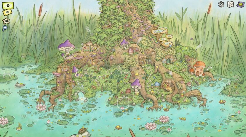 Find My Frogs showing an art illustrated tree near water, with colourful mushrooms and water lilies. Published on LadiesGamers