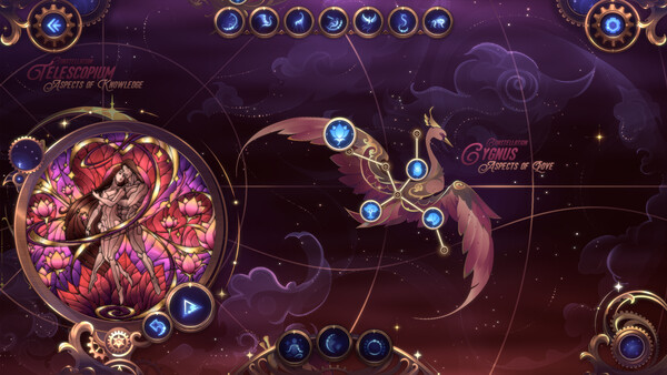 A fantasy-themed interface from Glass Masquerade 4: Constellations, featuring a celestial map adorned with glowing constellations and ornate decorations. On the left, a stained-glass illustration titled "Felescorium – Aspects of Knowledge" shows a robed figure surrounded by floral motifs. On the right, a constellation shaped like a bird, labelled "Promethean Cygnus – Aspects of Fire", glows with interconnected nodes. Circular icons line the top, and decorative buttons sit at the bottom centre, suggesting interactive elements. Published on: LadiesGamers.