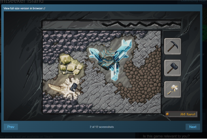 A screenshot from Glintseeker Island depicting a cross-section of underground terrain with varied materials and ores. The scene includes a dark rocky area, a greenish zone with yellow stones, a white crystalline section with a pickaxe embedded, and a large blue crystal topped with a mechanical object. A vertical toolbar on the right displays four icons, with the bottom one highlighted in gold and a counter reading "365 Karat". The interface suggests resource collection and mining gameplay. Published on: LadiesGamers.