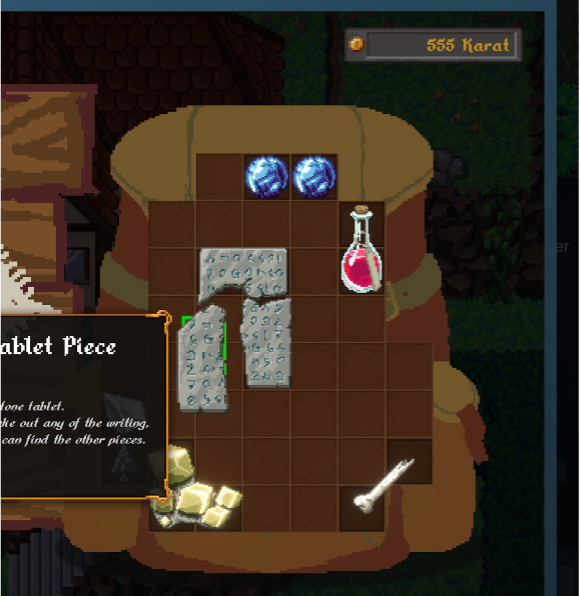 A pixel-art style screenshot from Glintseeker Island showing an inventory interface set against a forested backdrop with a building roof partially visible. The backpack contains various items: two blue gemstones, a red potion, stone tablet fragments, a green shard, a scroll, a key, and gold nuggets. A highlighted item, "Tablet Piece", displays a description hinting at a larger puzzle. The top right corner shows a currency count of "555 Karat", suggesting in-game progression. Published on: LadiesGamers.