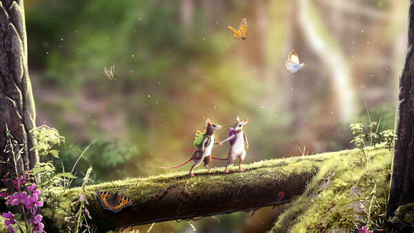 A whimsical woodland adventure from the video game Hela, featuring two mouse characters dressed in scarves and backpacks as they traverse a moss-covered log. Butterflies flutter around—most notably a monarch and a vibrant blue species—enhancing the magical forest ambiance. The surrounding foliage glows softly in filtered light, with flowers and greenery adding a dreamlike charm to the scene. Published on: LadiesGamers.