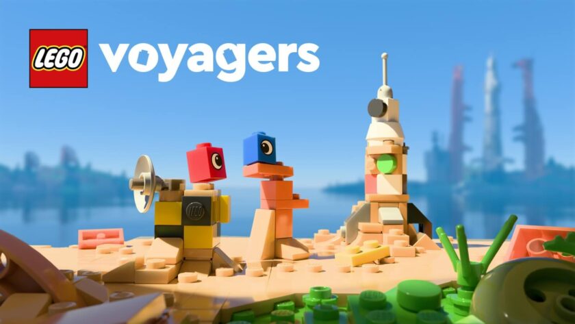 Promotional image for LEGO Voyagers with a blue 1x1 brick and a red1x1 brick on a sandy island. Published on LadiesGamers 