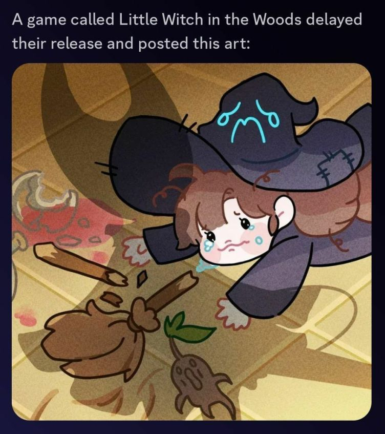 A digital illustration from Little Witch in the Woods showing a young witch lying on a wooden floor with a sorrowful expression and tears streaming down her face. She wears a dark blue robe and matching hat, and her broken broom lies in pieces nearby, surrounded by small scattered items like a green leaf and a mechanical part. The scene poignantly reflects disappointment, symbolising the delay in the game's release. Published on: LadiesGamers.