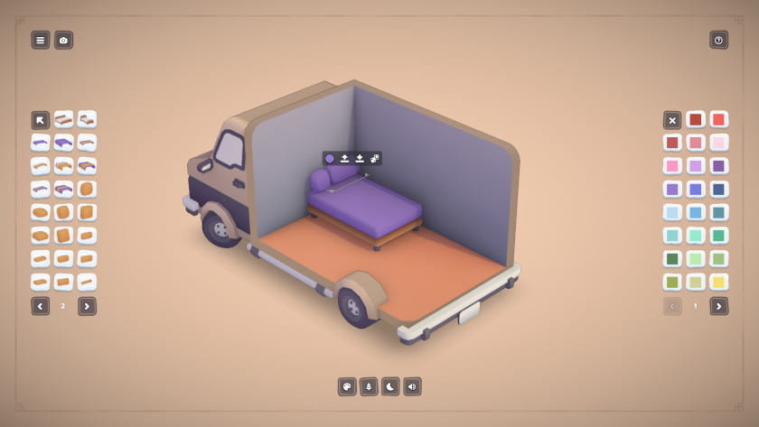 Placing a bed inside of a camper van with a menu to change the colors in MakeRoom.