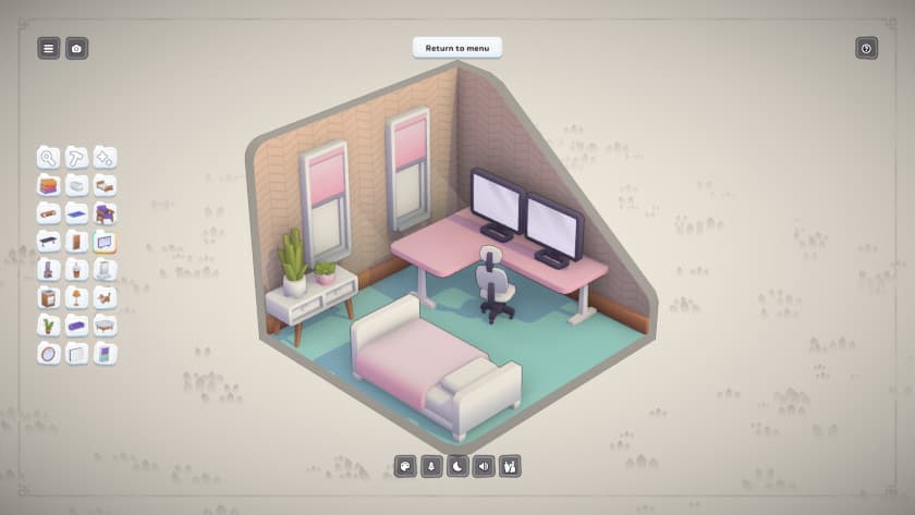 A small bedroom with a bed, computer desk, and a few plants in MakeRoom.