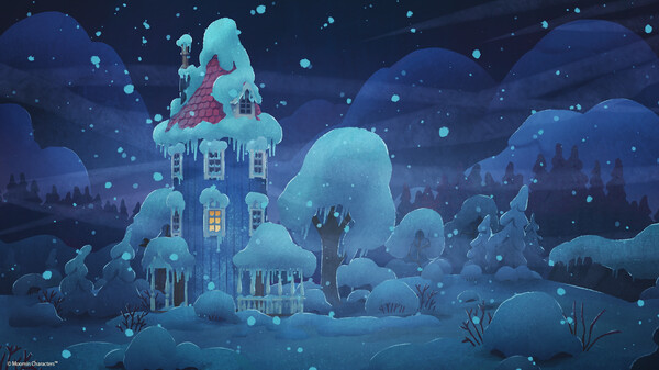 A serene winter night scene from the video game Moomintroll: Winter’s Warmth, featuring a tall, snow-covered house with a red roof glowing warmly from within. Snow gently blankets the surrounding trees and bushes, while softly falling flakes and distant forested hills evoke a magical, tranquil atmosphere. Published on: LadiesGamers.