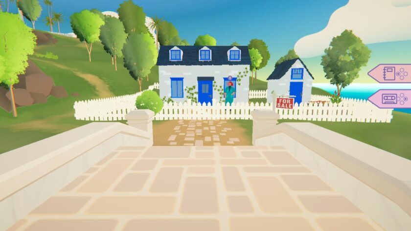 A white rendered house, with blue doors and window frames. A character is standing in front with an exclamation mark above her head. Published on LadiesGamers