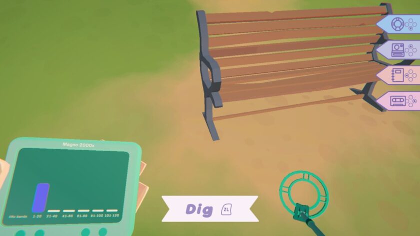 The ground near a bench, with the interact option of “dig”. There is a device which has a blue bar on it and a metal detector. Published on LadiesGamers